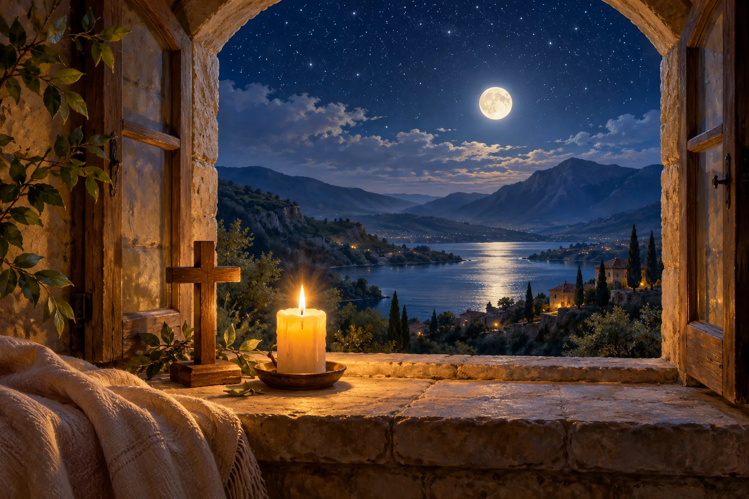 Una vela junto a una cruz en una ventana abierta hacia la noche estrellada